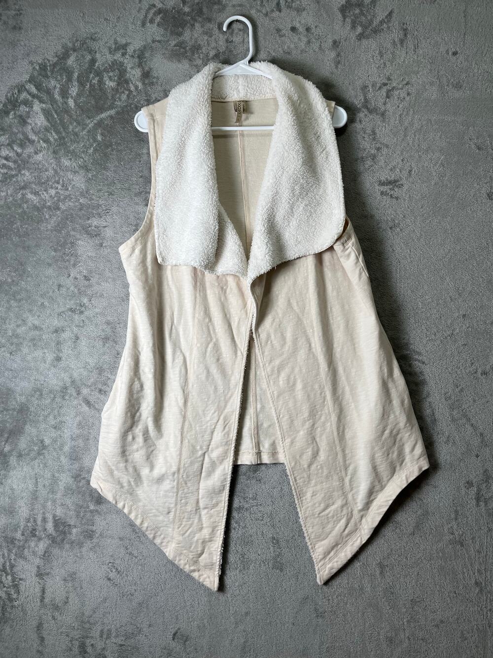 XCVI Ivory Draped Sherpa Collar Open Front Long Vest Cotton Blend Size Large